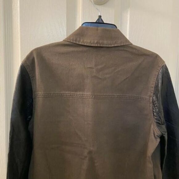 Free People Olive Green Denim Jacket Black Faux Leather Sleeves Women's Size XS - Picture 8 of 9